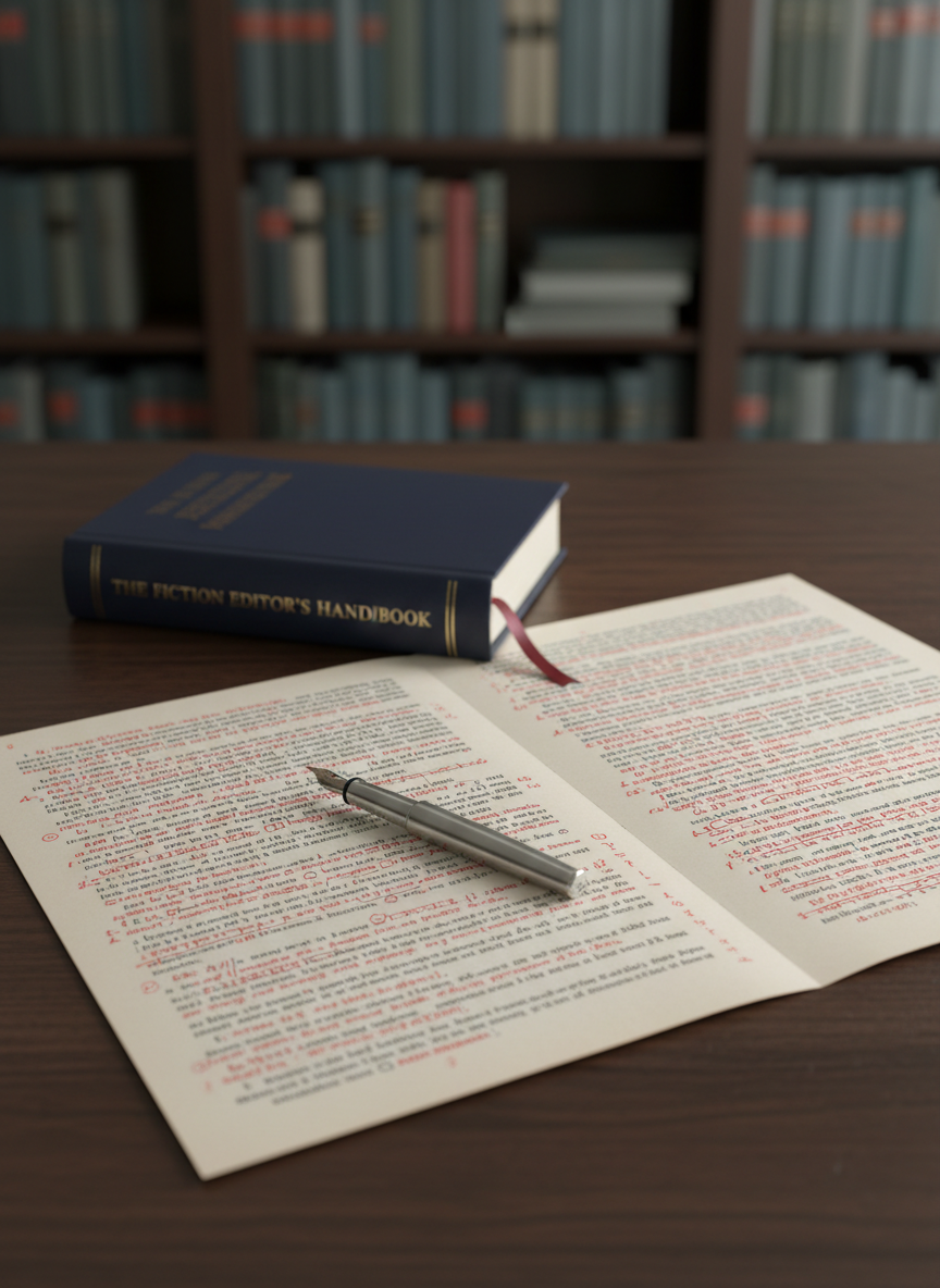 A meticulously marked manuscript page spread across a dark walnut desk, every line of serif type covered with precise red pen corrections, delicate proofreading symbols, and neatly circled punctuation. A sleek, silver fountain pen rests diagonally at the margin beside a closed navy-blue hardcover style guide with a satin ribbon marker. Soft, indirect afternoon light from an unseen window grazes the paper, creating crisp, professional shadows and subtle highlights on the ink sheen. In the blurred background, rows of orderly bookshelves fade into a cool, neutral bokeh. Photographic realism, eye-level composition, rule-of-thirds framing, and a shallow depth of field convey a calm, focused, highly professional editing environment perfectly suited to serious fiction writers.