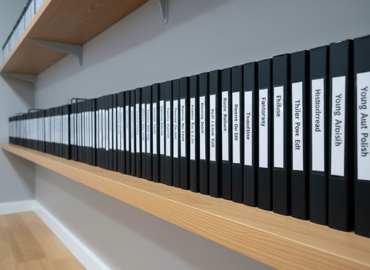 A side view of a long, orderly row of printed fiction manuscripts standing vertically like files in matte black magazine holders, each spine labeled with clean, white tags reading things like “Mystery Draft,” “Sci-Fi Revision,” and “Romance Line Edit.” They line a smooth, light oak shelf against a neutral gray wall. Cool, diffused overhead lighting ensures every label is legible without glare, casting gentle linear shadows along the shelf. Photographic realism with a low, slightly angled perspective creates strong depth and leading lines, conveying a sense of volume, organization, and an established professional copy editing practice dedicated specifically to diverse genres of fiction.