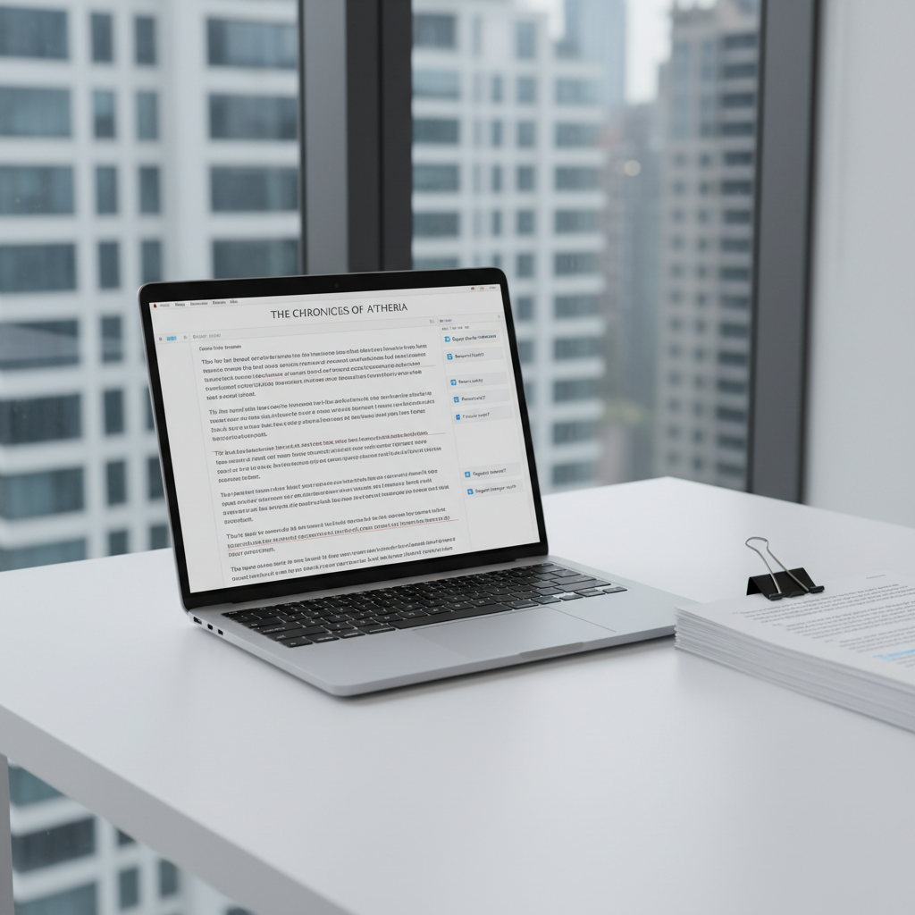 A minimalist, ultra-clean laptop screen displaying a chapter of a fictional novel in a word processor, with perfectly aligned paragraphs, subtle tracked changes, and a right-hand margin filled with concise, neatly formatted comments. The laptop sits on a matte white desk beside a stack of neatly organized printed pages secured with a black binder clip. Cool daylight from a large nearby window casts even, diffused illumination, eliminating harsh shadows and giving the scene a polished, editorial feel. The background shows a softly blurred city skyline through glass, suggesting a modern, professional workspace. Photographic realism, slightly elevated angle, and balanced composition create an atmosphere of clarity, precision, and expert attention to detail in fiction copy editing.