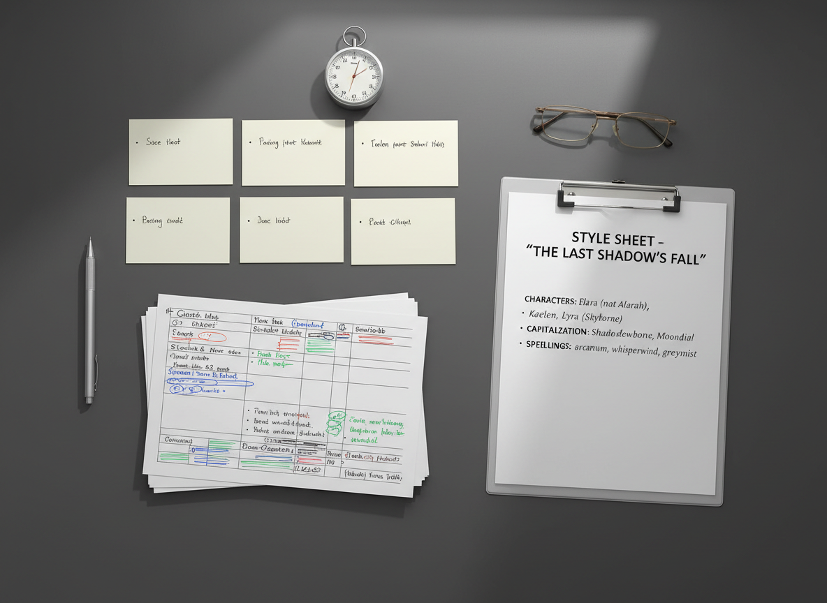 An overhead view of a carefully organized editing workspace devoted to fiction: a spread-out scene outline on pale index cards, a printed chapter draft annotated in contrasting colored pens, and a neatly labeled style sheet listing character names, capitalization rules, and preferred spellings on a clipboard. A simple analog timer, a slim mechanical pencil, and a pair of reading glasses rest nearby on a smooth charcoal desk surface. Soft, indirect morning light from the top of the frame creates gentle, elongated shadows and a calm, methodical mood. Photographic realism, flat-lay composition, and a clean, modern aesthetic highlight the structured, systematic side of professional copy editing for narrative work.