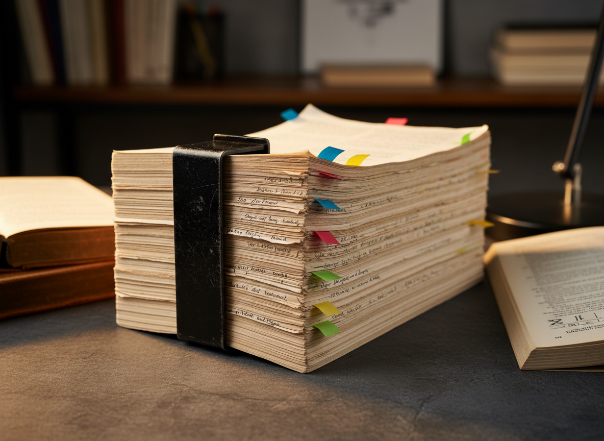 A close-up of a thick printed manuscript for a fantasy novel, bound with a sturdy black clamp, edges slightly worn, every page lined with careful margin notes in fine black ink and colored sticky tabs indexing key sections. The manuscript rests on a textured slate-gray desk surface beside an open dictionary and a slim style manual, their pages fanned out. Warm, directional desk-lamp lighting creates a focused pool of light over the manuscript, with the surroundings falling into a soft, professional shadow. Photographic realism, intimate framing, and shallow depth of field emphasize meticulous detail, evoking a quiet, studious atmosphere of deep engagement with fictional prose and line-by-line refinement.