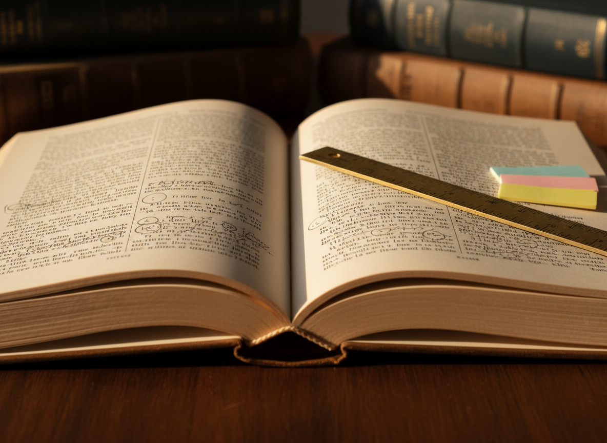A richly textured close-up of a classic hardcover novel opened flat, its cream pages lined with discreet, precise pencil marks indicating corrected commas, adjusted dialogue punctuation, and smoothed sentence rhythms. A narrow brass ruler lies along the inner margin, and a small stack of pastel sticky flags peeks from beneath the book. Subtle golden-hour sunlight slopes across the pages from the left, catching paper fibers and creating delicate dimensional shadows in the gutter. The background fades into a soft blur of stacked novels with varied, muted dust jackets. Photographic realism, intimate macro-style shot, and a warm yet disciplined atmosphere convey respect for storytelling combined with exacting editorial craft.