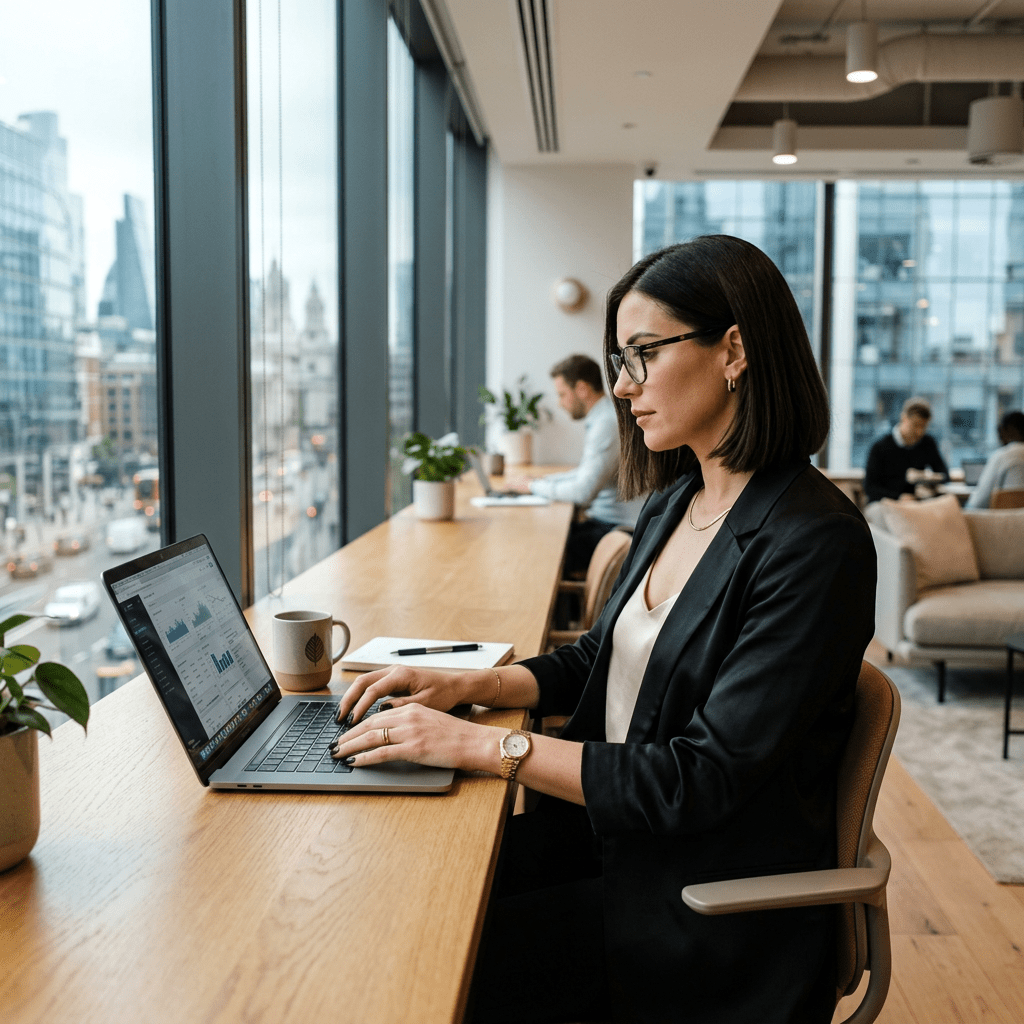 Woman typing on laptop at office desk by large window overlooking city