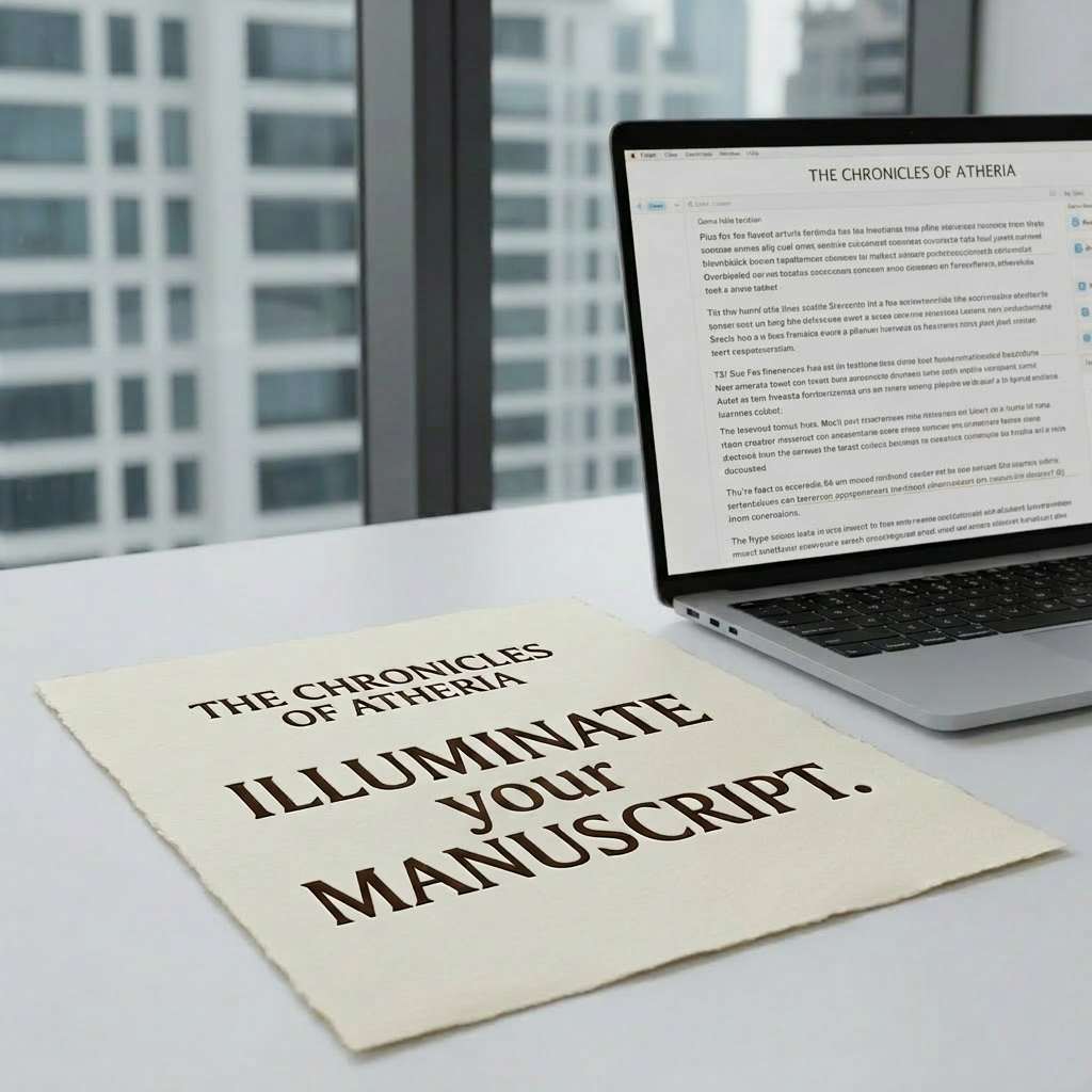 copy editing A minimalist, ultra-clean laptop screen displaying a chapter of a fictional novel in a word processor, with perfectly aligned paragraphs, subtle tracked changes, and a right-hand margin filled with concise, neatly formatted comments. The laptop sits on a matte white desk beside a stack of neatly organized printed pages secured with a black binder clip. Cool daylight from a large nearby window casts even, diffused illumination, eliminating harsh shadows and giving the scene a polished, editorial feel. The background shows a softly blurred city skyline through glass, suggesting a modern, professional workspace. Photographic realism, slightly elevated angle, and balanced composition create an atmosphere of clarity, precision, and expert attention to detail in fiction copy editing.